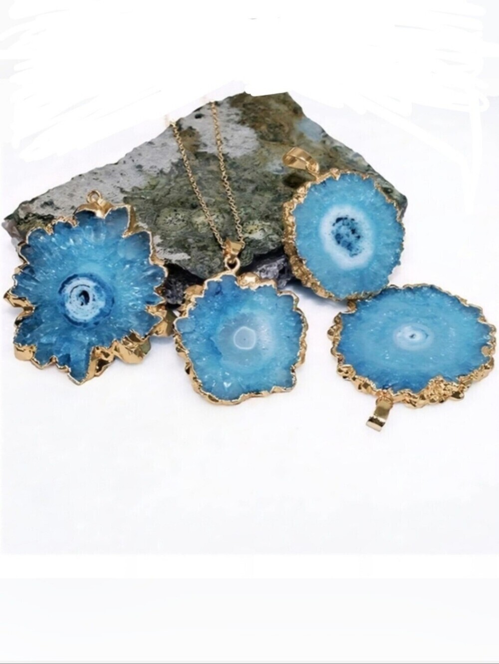 Blue Agate Pendant In Gold Tone Setting Boho